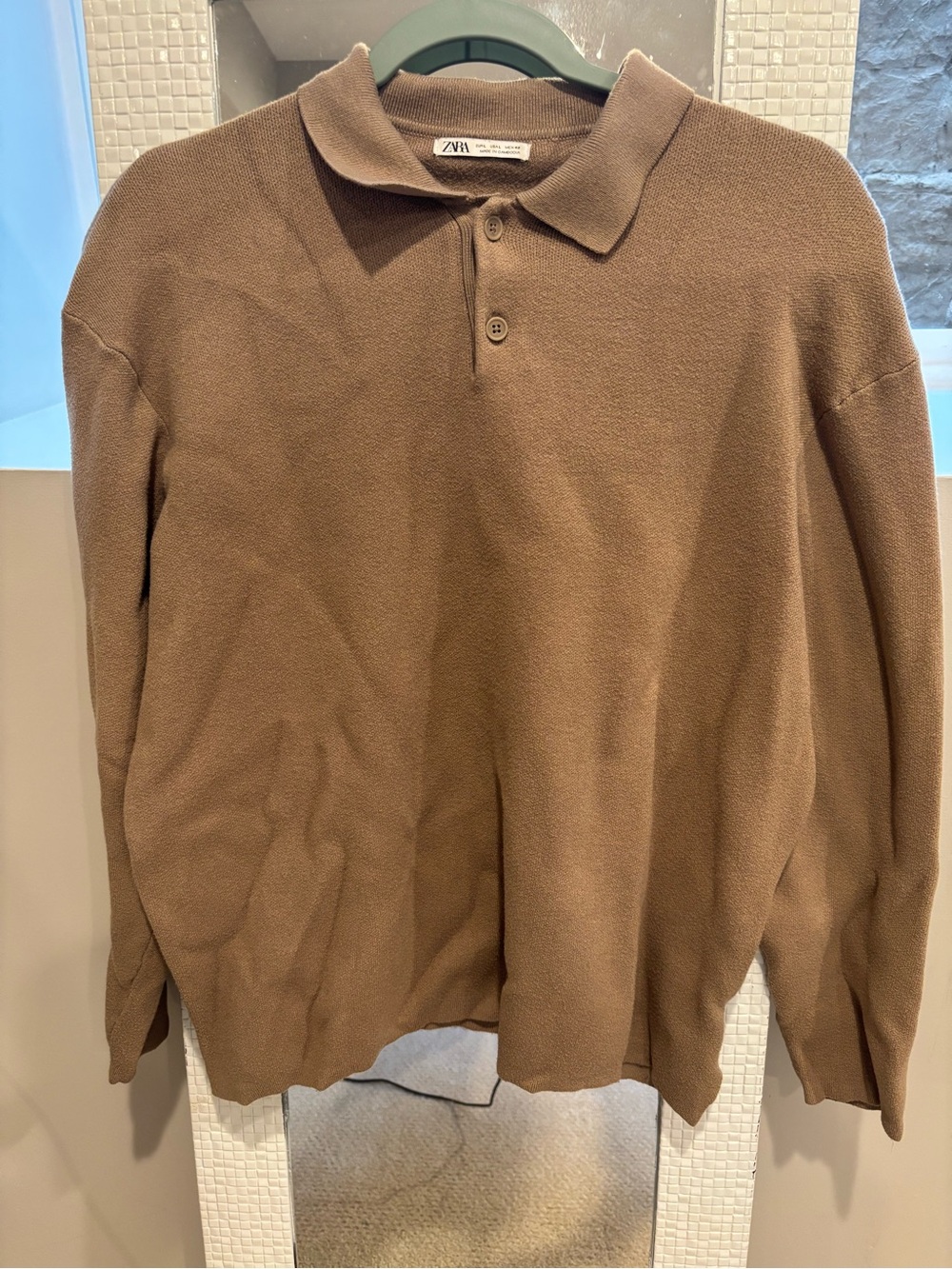 Zara Men’s Brown Knit Long Sleeve Polo